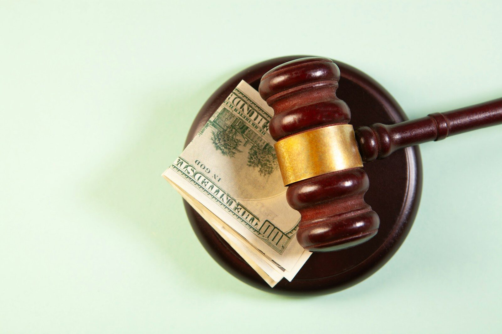 A gavel rests on a sound block with money.