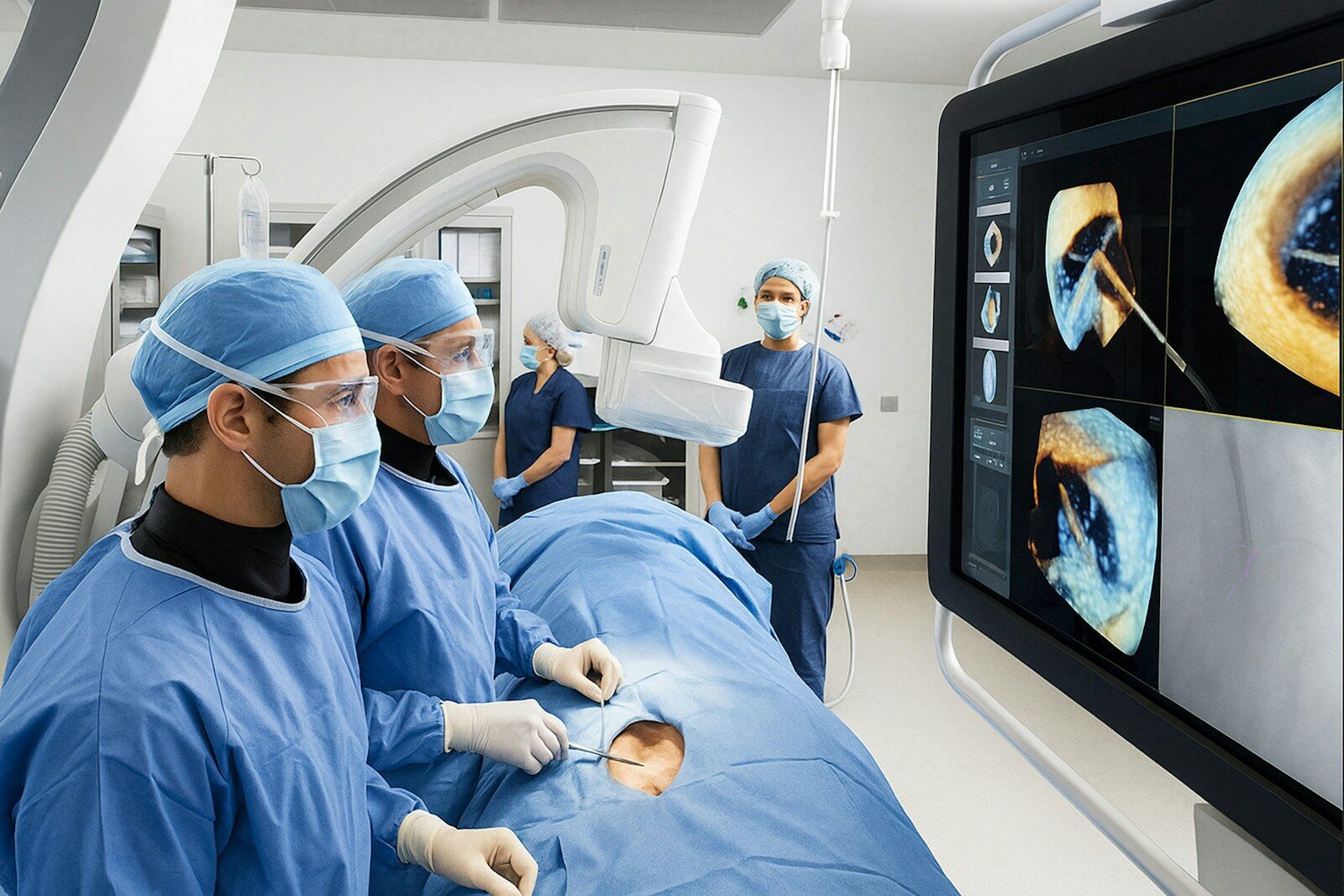 Surgeons in blue scrubs operate on a patient with monitors displaying medical data.